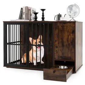 Coffee 2-in-1 Dog Crate End Table With Pull-Out Feeder, Chew-Resistant Metal Tube Pet Furniture For Small & Medium Dogs (Option: defaulttitle)