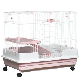 2-Level Small Animal Cage Rabbit Hutch with Wheels, Removable Tray, Platform and Ramp for Bunny, Chinchillas, Ferret, Pink (Option: Pink-864x602x275 mm)