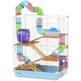 5 Tiers Hamster Cage Portable Animal Travel Carrier w/ Exercise Wheels Tube, Light Blue (Option: Light Blue-321x162x495 mm)