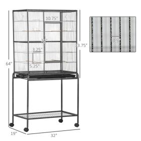 Rolling Metal Bird Cage Feeder With Detachable Rolling Stand, Storage Shelf, Wood Perch & Food Container (Option: Black Gray)