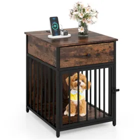 Black+Brown 2-in-1 Dog Crate End Table With Charging Station, Chew-Resistant Metal Tube Pet Furniture For Small Dogs Under 25 Lbs (Option: defaulttitle)